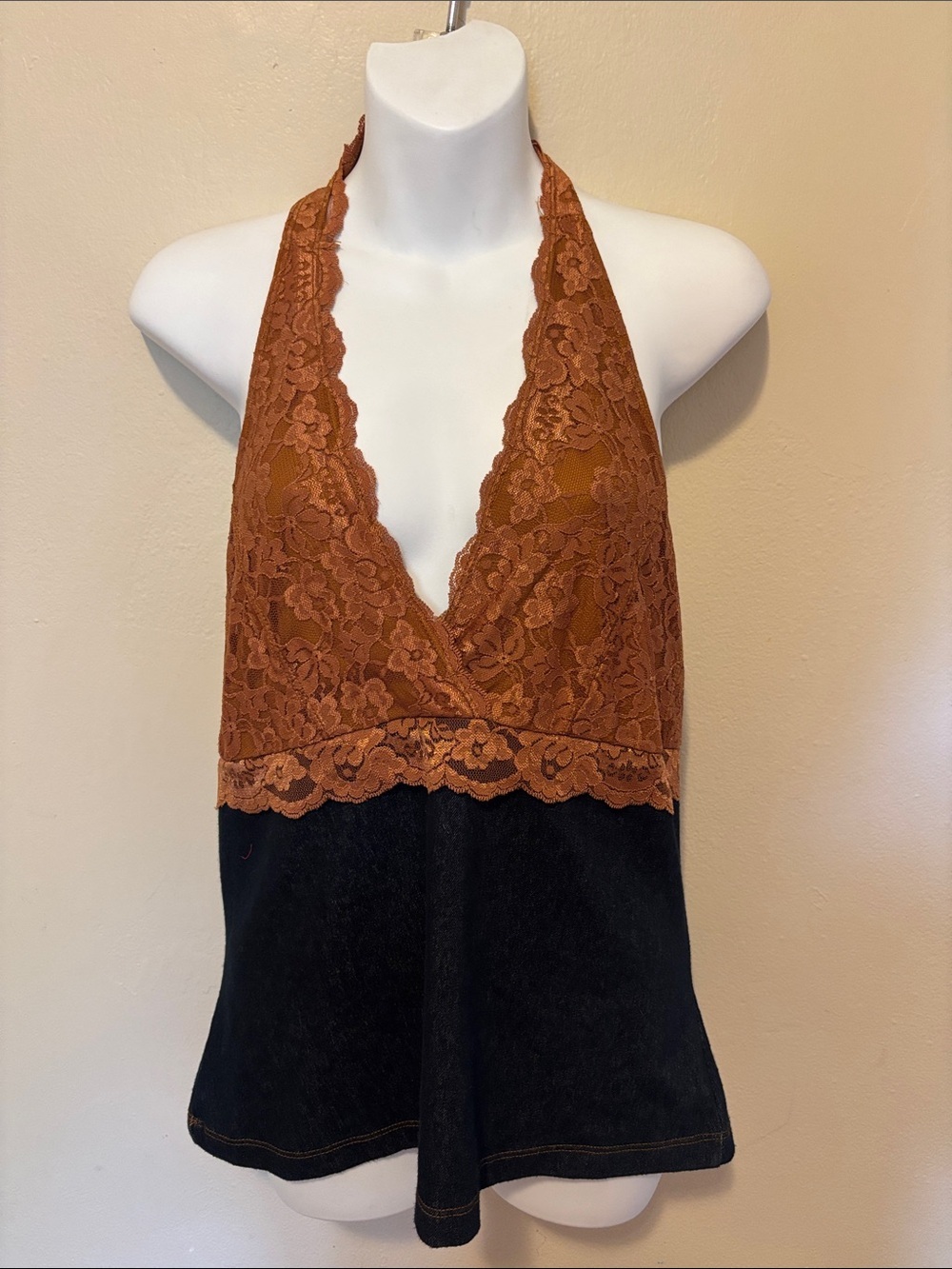 Fashion Bug Dark Blue Tank with Orange Lace Trim